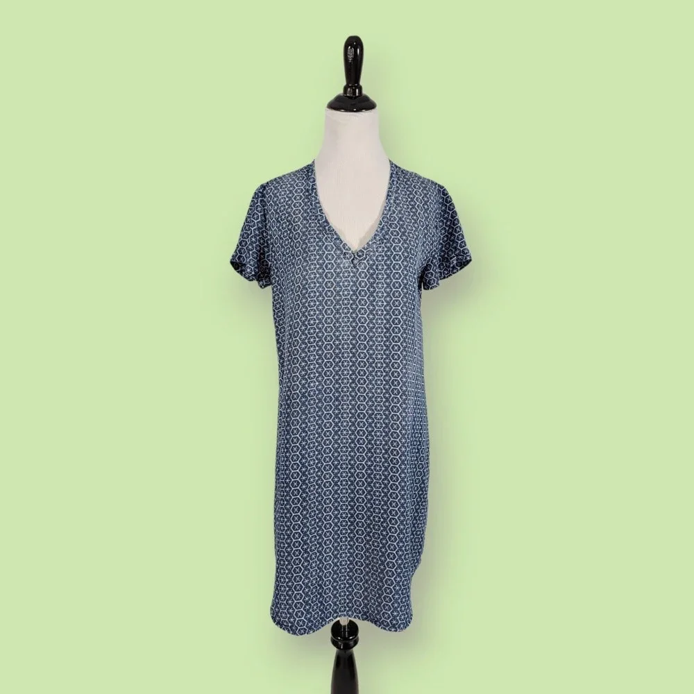 Anthropologie‎ Cloth & Stone Justine XS Blue Chambray Shift Dress Boho Geo Print